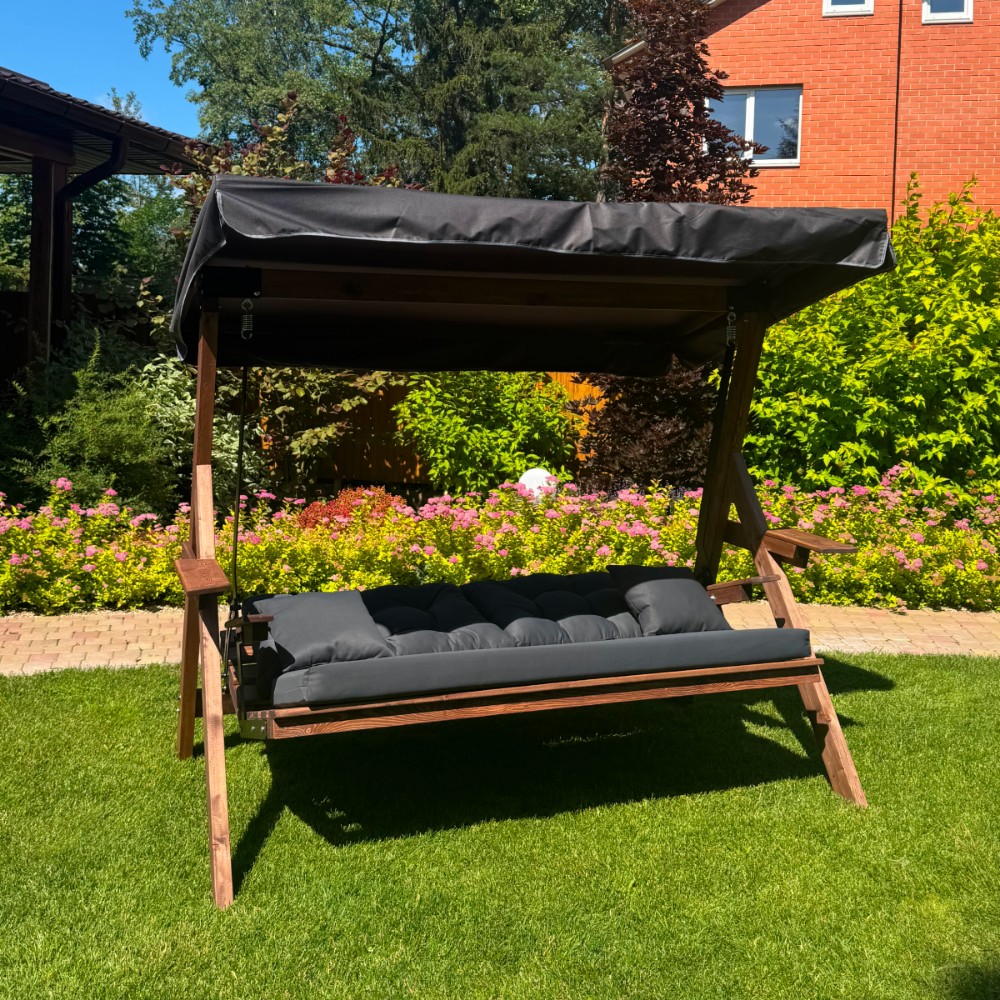 Садовые деревянные качели Royal Family LYON трёхместные (серые подушки) NEW 3