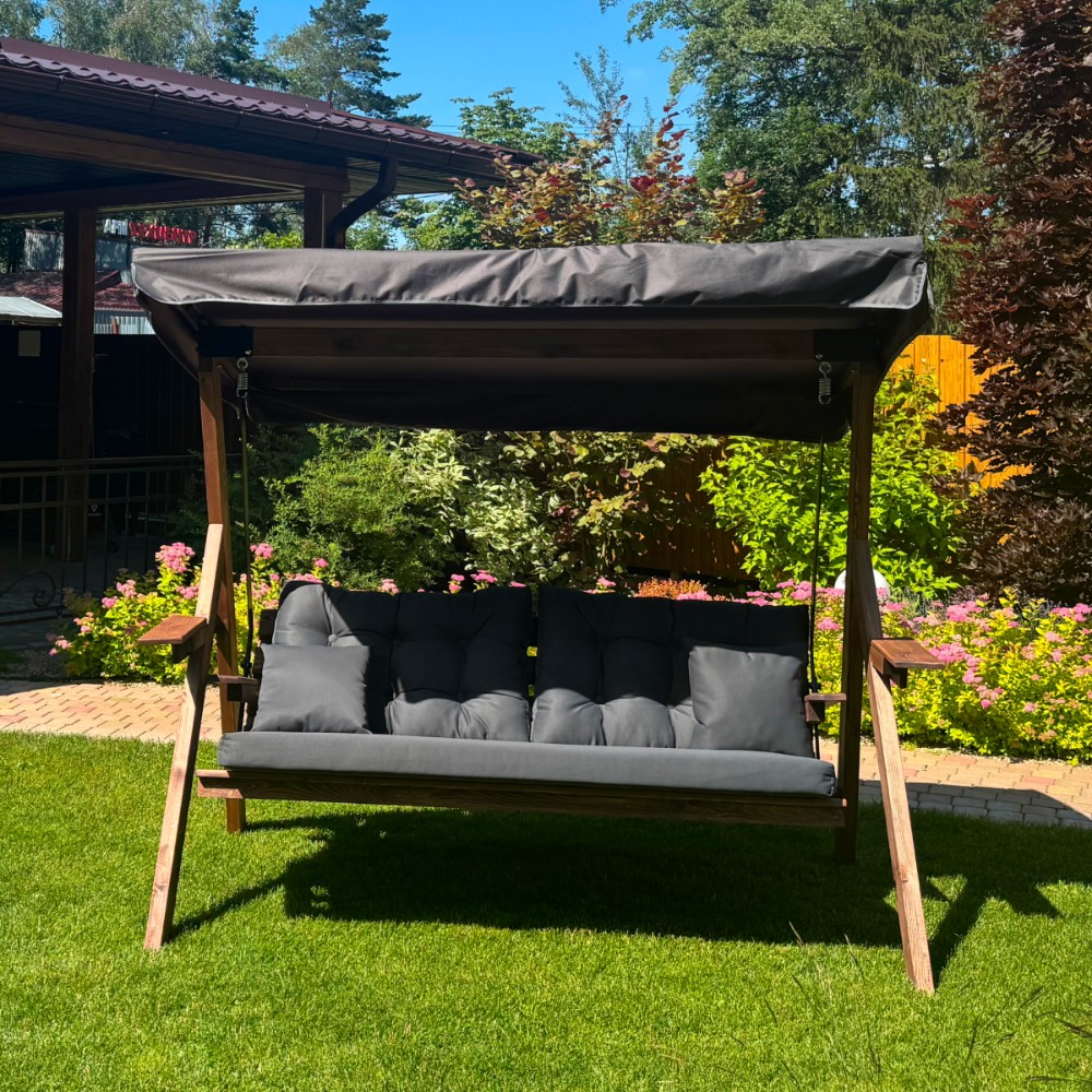 Садовые деревянные качели Royal Family LYON трёхместные (серые подушки) NEW 5