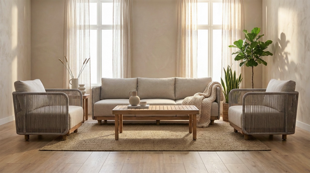 Набор мебели Берта 2 уп.(стол+2 кресла, диван, серый, подушки бежевые) 3