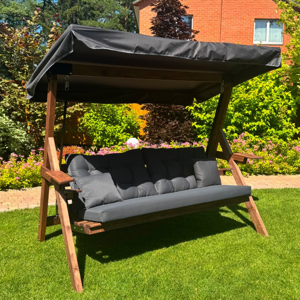 Садовые деревянные качели Royal Family LYON трёхместные (серые подушки) NEW 4