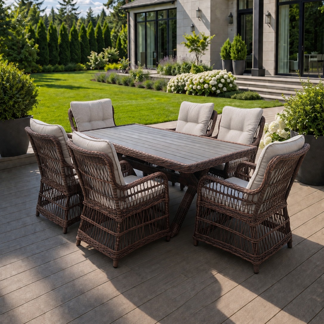 Обеденный комплект ISABELLA из искусственного ротанга коричневый 1