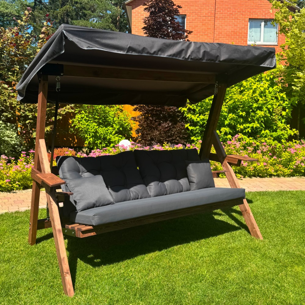 Садовые деревянные качели Royal Family LYON трёхместные (серые подушки) NEW 2